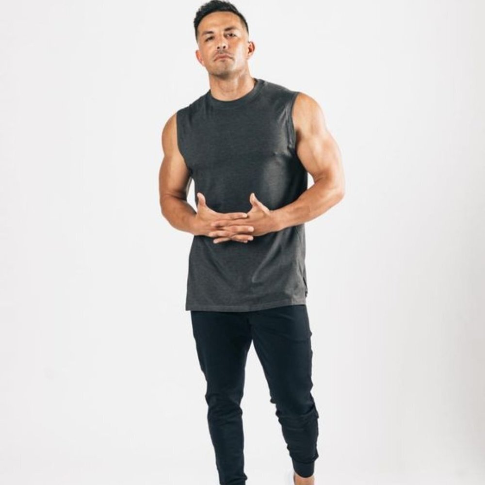 NEW ALPHALETE MEN'S PREMIUM STEPPED HEM CUTOFF High-Neck Tank Black Marled